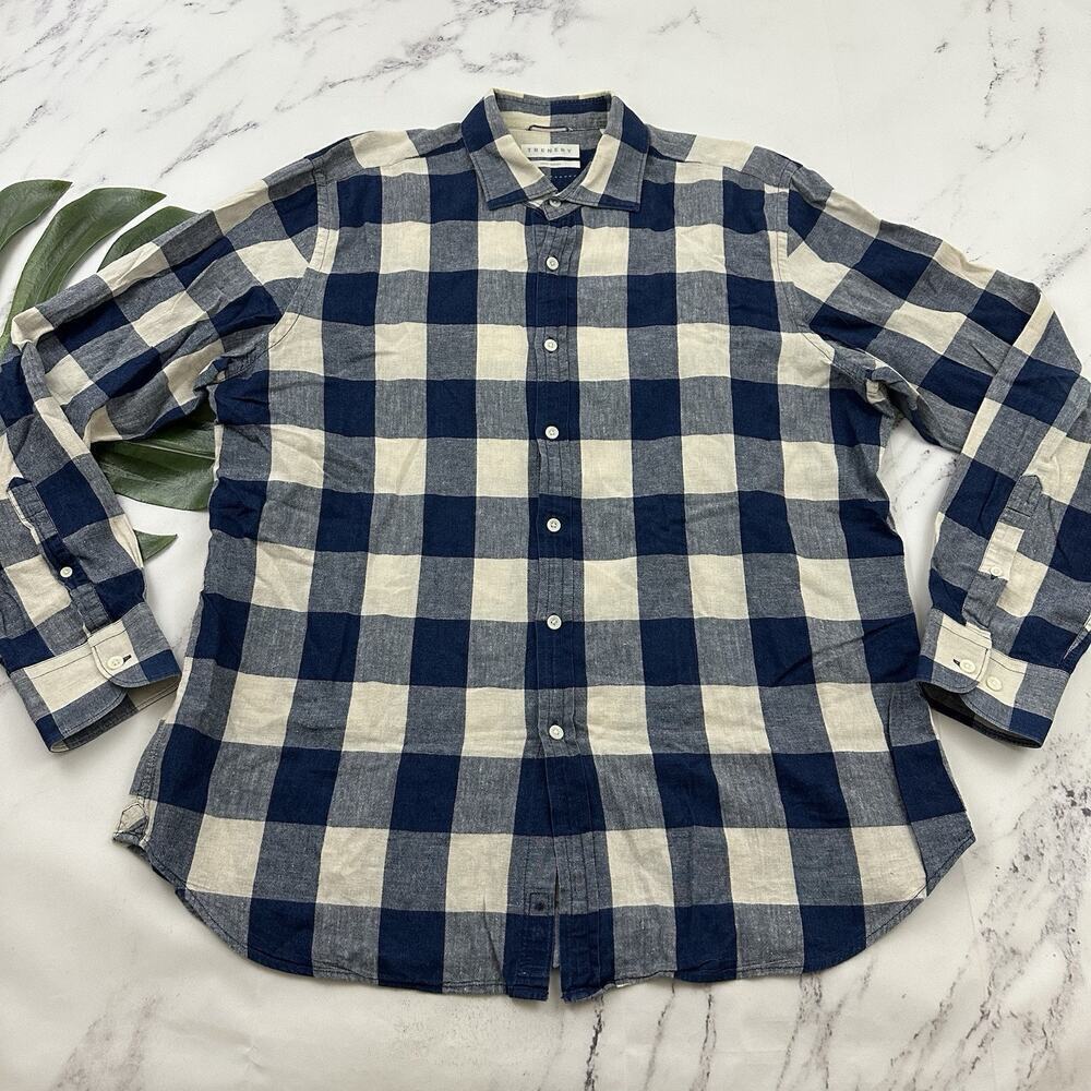 Trenery Mens Linen Button Up Shirt Size XXL Blue White Check Plaid Long Sleeve